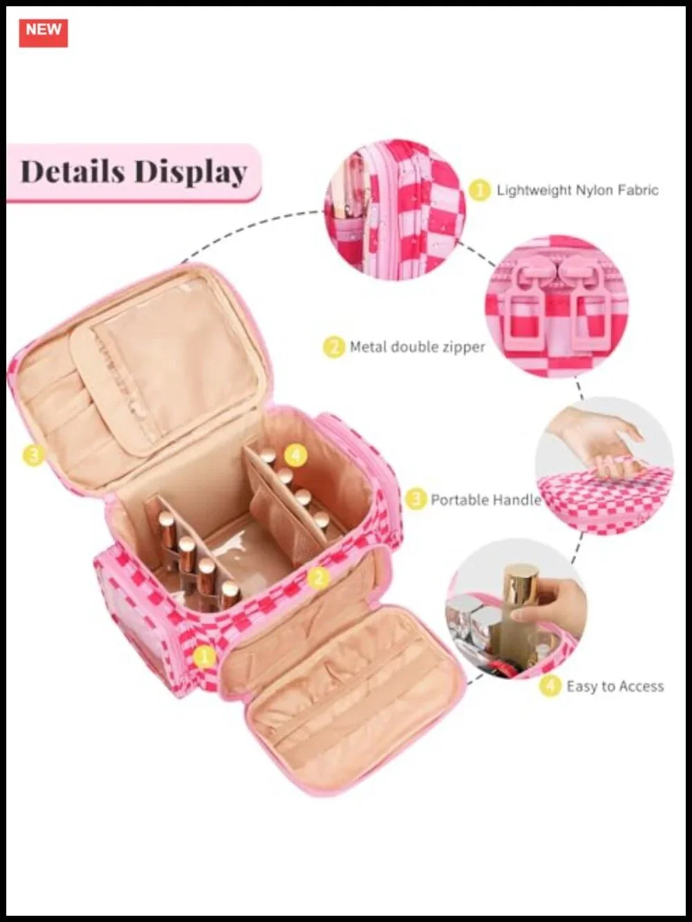 Large Checkered Makeup Bag with Brush Compartment & Pockets, Travel Cosmetic